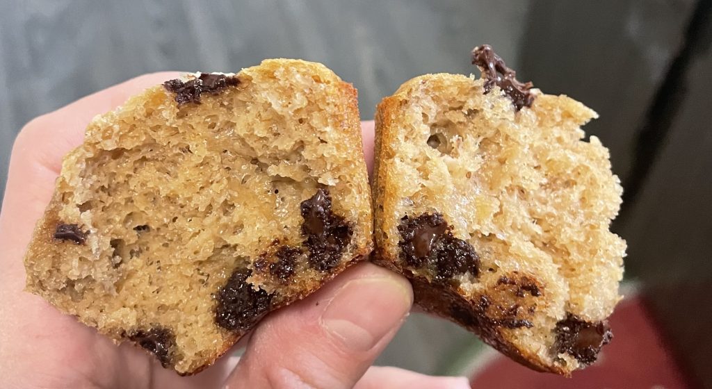 Cross section of a protein chocolate chip muffin