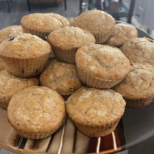 Protein chocolate chip muffins on a plate